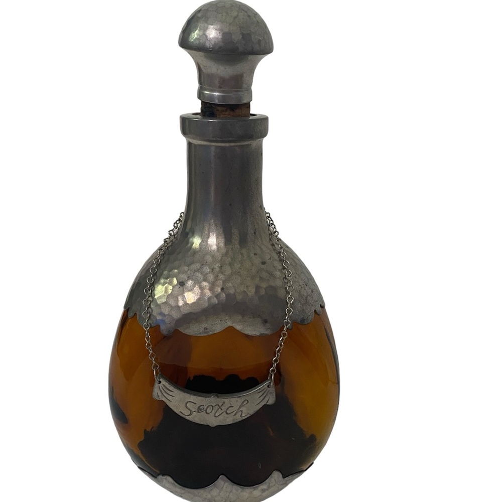 Vintage ROYAL HOLLAND Pewter Amber Pinched Glass Decanter And Scotch Hanging Tag